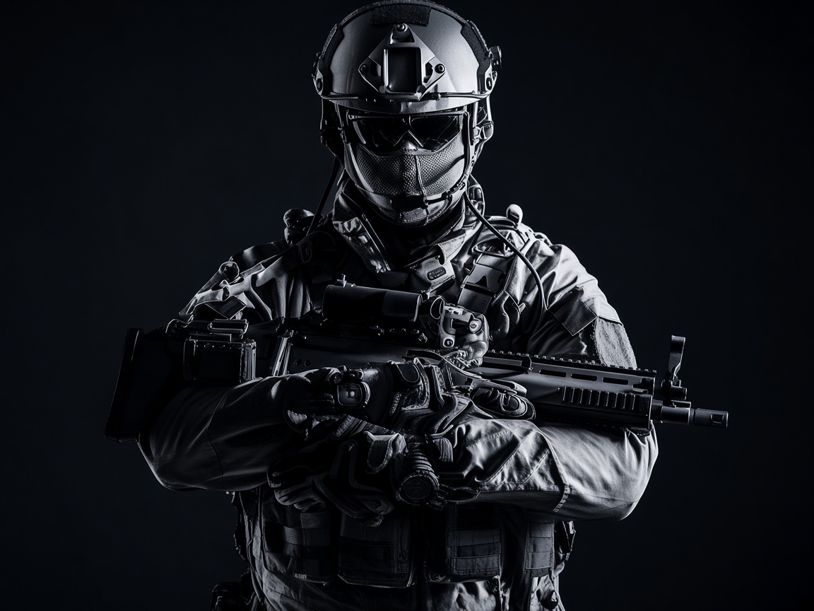 Operator airsoft w pełnym wyposażeniu taktycznym